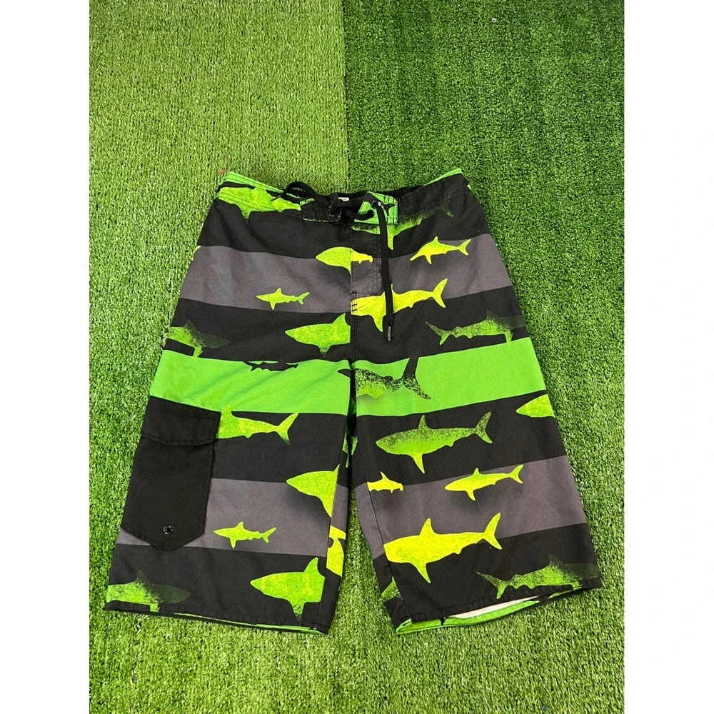 Hang Ten Mens‎ XL 32W Shark Print Board Shorts Black Neon Green Striped Swim